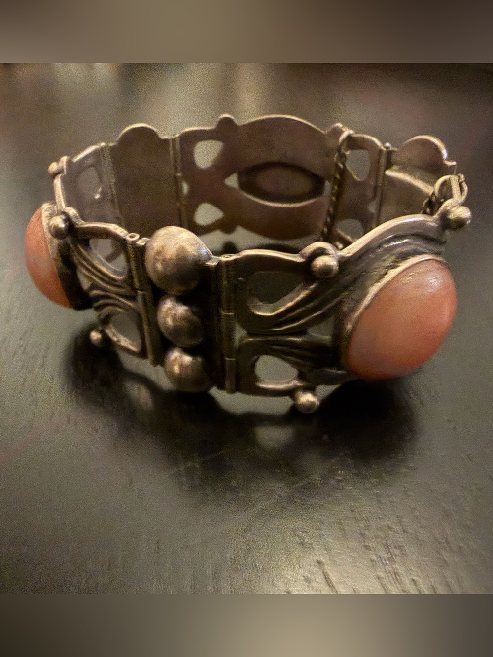 Vintage-Inspired Silver Bracelet with Coral Cabochon